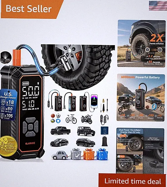 150PSI Portable Tire Inflator & Air Compressor with LED Gauge for Cars & Bikes