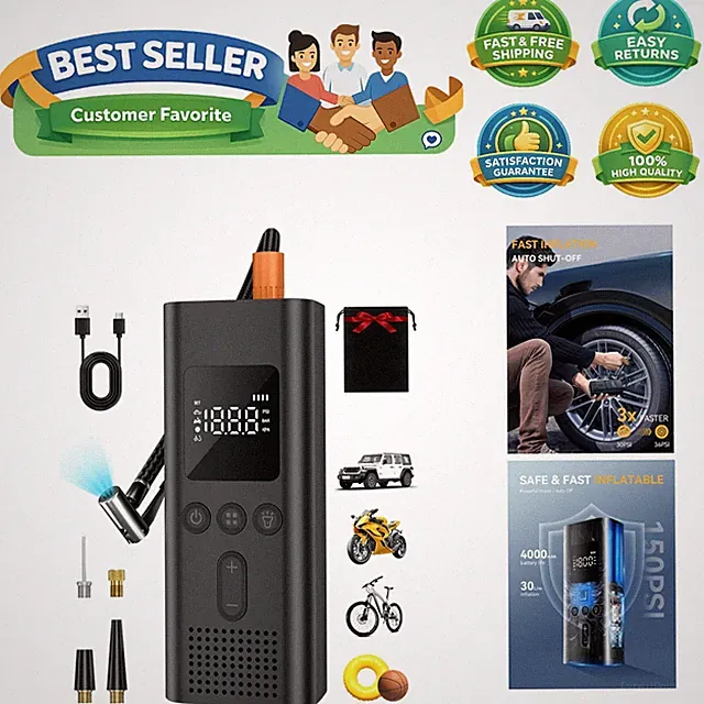 All-in-One Portable Tire Inflator: 150 PSI Fast Inflation for Car, Bike & More