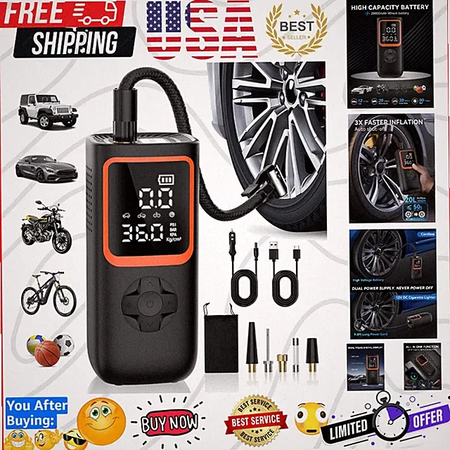 Cordless Air Compressor for Cars & Bikes - 150 PSI Tire Inflator with Display