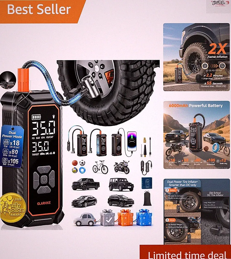 Dual Power 150PSI Portable Air Pump - Efficient Tire Inflation for Cars & Bikes