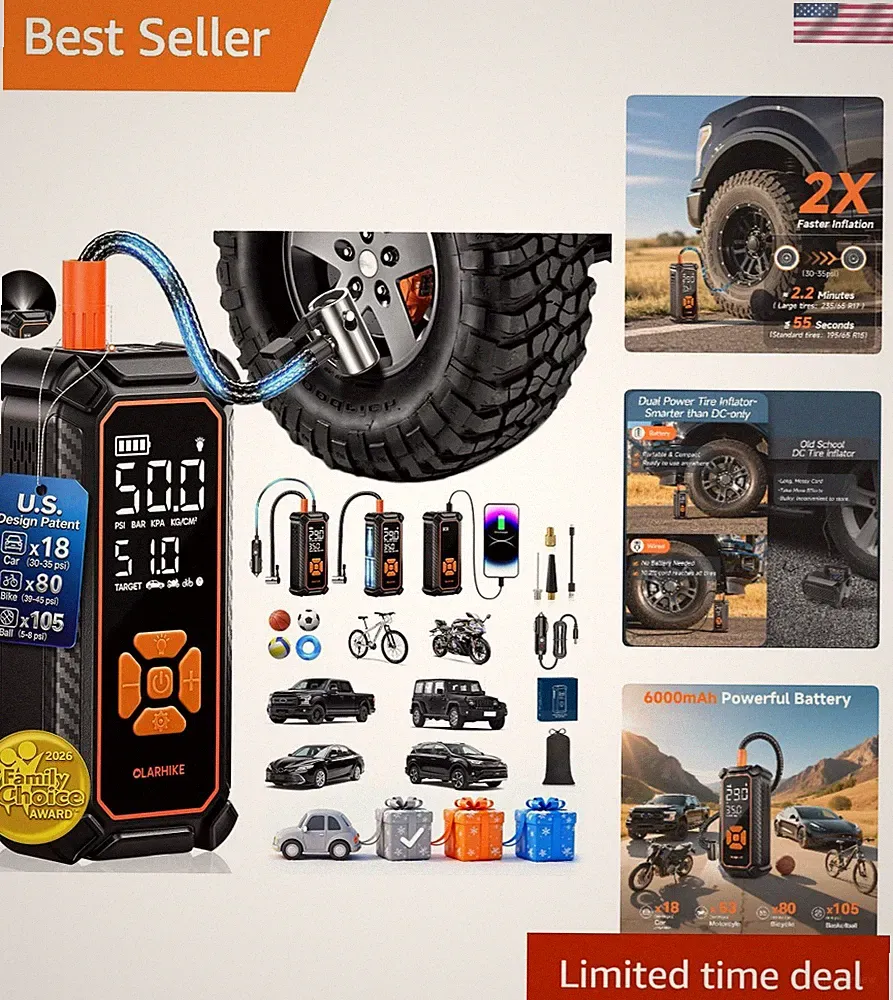 Portable Tire Inflator & Air Compressor - Dual Power 6000mAh for Cars & Bikes