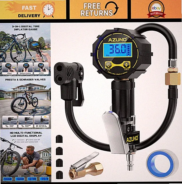Presta Valve Adaptor with Pressure Gauge, 200psi Dual-Port Pump for Bikes, Cars