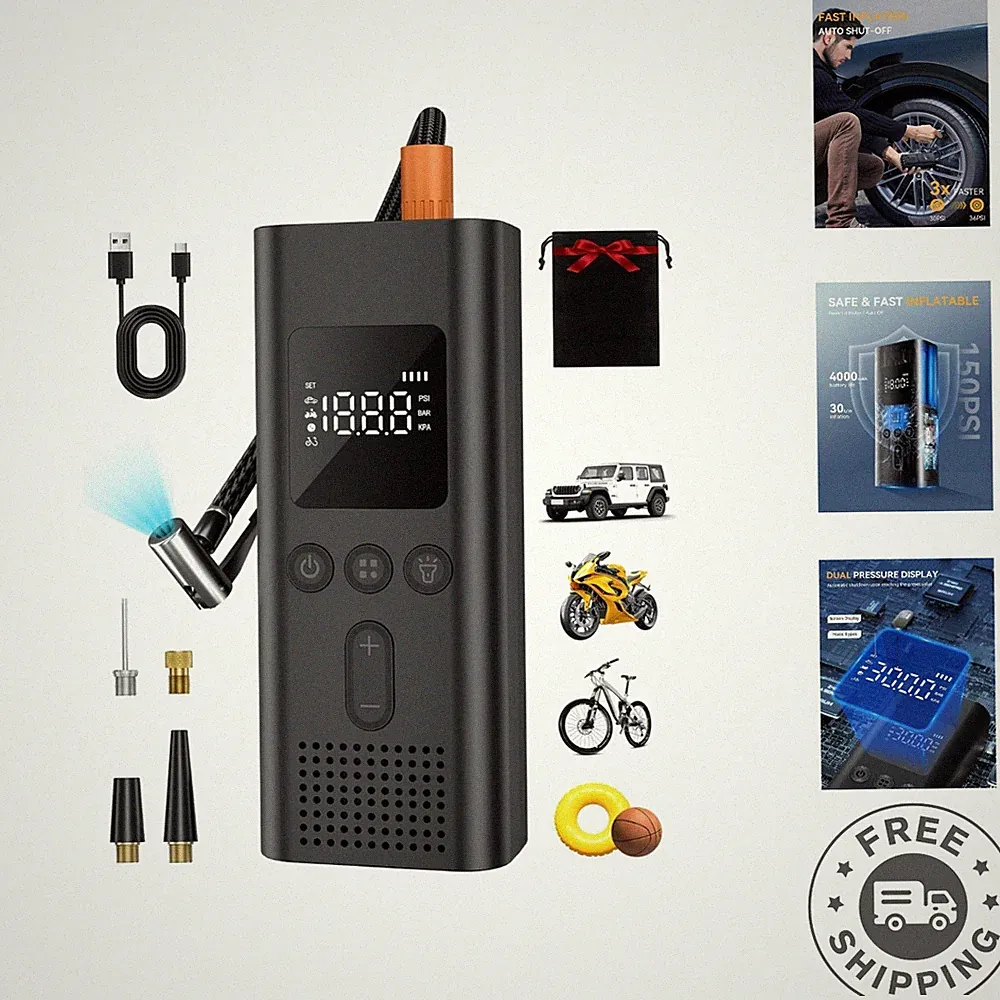 Rechargeable Tire Inflator 150 PSI - Compact Air Compressor for Cars & Bikes
